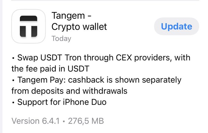 An App Store update screen for 'Tangem - Crypto wallet' lists release notes including 'Swap USDT Tron through CEX providers, with the fee paid in USDT', 'Tangem Pay: cashback is shown separately from deposits and withdrawals', and 'Support for iPhone Duo', showing Version 6.4.1.