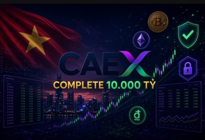 Promotional graphic for 'CAEX' with Vietnamese flag, displaying 'COMPLETE 10.000 TỶ' against a backdrop of crypto charts and city skyline, featuring Bitcoin and Ethereum logos.