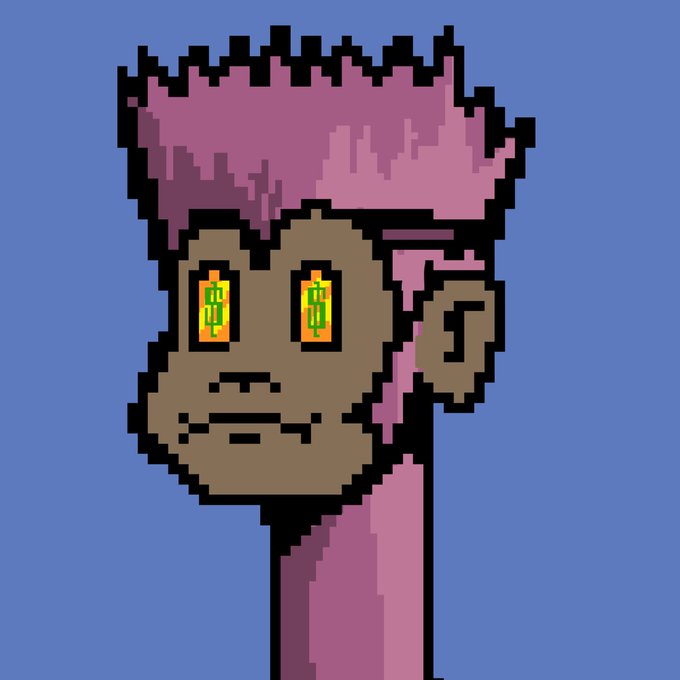 A pixel art portrait of a character with a pink mohawk, brown skin, and dollar sign eyes ($) against a blue background. The image ties to the post's promotion of the "WILD" NFT mint, with the dollar-sign eyes symbolizing the project's promise that owning a WILD NFT would build a wealthy cult-like community.