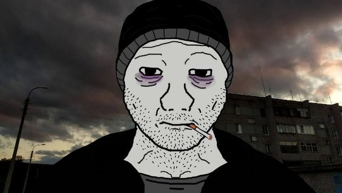 A digitally edited image of a Wojak-style cartoon character smoking a cigarette, superimposed over a dark, cloudy urban background.