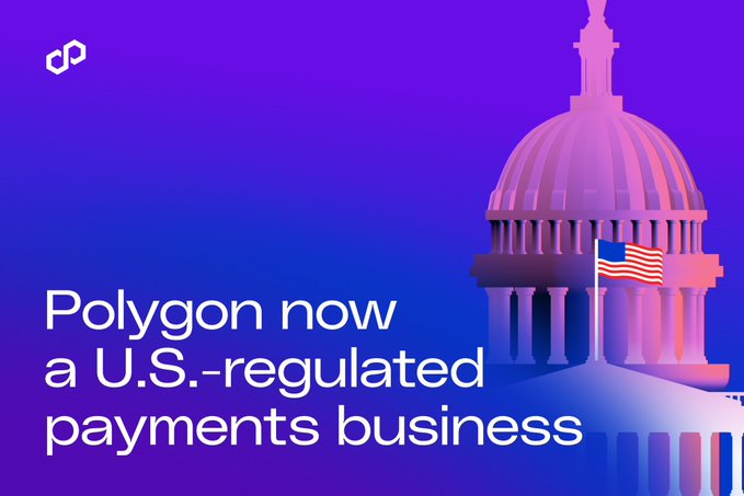 Promotional graphic with a purple-to-blue gradient background featuring the U.S. Capitol building and an American flag, with text reading 'Polygon now a U.S.-regulated payments business' alongside the Polygon logo.