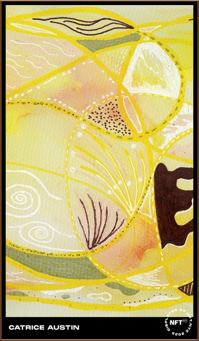 An abstract watercolor painting featuring warm yellow, orange, and green tones with flowing yellow linework, dotted patterns, and a large central citrus-slice-like motif, credited to artist Catrice Austin with "NFT NYC Times Square Challenge" branding in the corners. The artwork is being showcased as part of the NFT NYC Times Square Challenge, celebrating the artist's featured display in Times Square with a limited edition collectible offering 1000 T-XP to sign-ups.