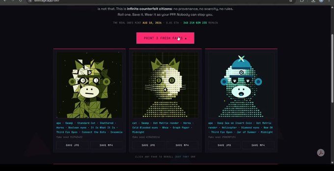 A webpage showcases three generative ape artworks with pixelated green, dotted green, and teal designs, featuring options to "SAVE JPG" and "SAVE MP4," with a pink "PRINT 2 FRESH" button and "AUG 18, 2024" text indicating an Alpha Drop NFT collection featuring "8 species, 10 render engines."