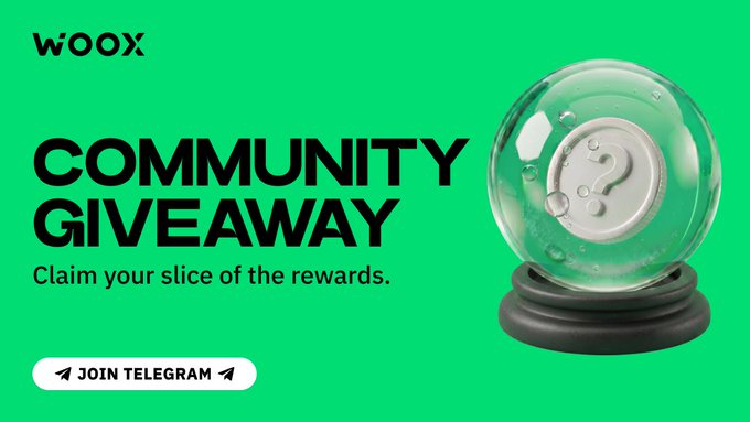 The image features a glass ball with a white question mark on top, which appears to be a magic or fortune teller's ball. The background of the image is green, and there are words written in black text that say "WooX Community Giveaway". The text also mentions that participants can join the Telegram hub for more information about the campaign.
