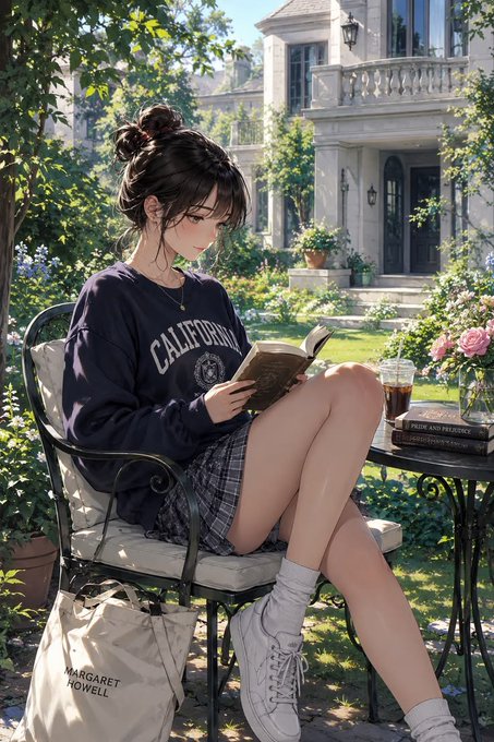 An anime-style illustration of a young woman with dark hair in a bun, wearing a dark blue 'CALIFORNIA' sweatshirt and plaid shorts, reading a book while seated in a lush garden with a glass of iced drink on a nearby table.
