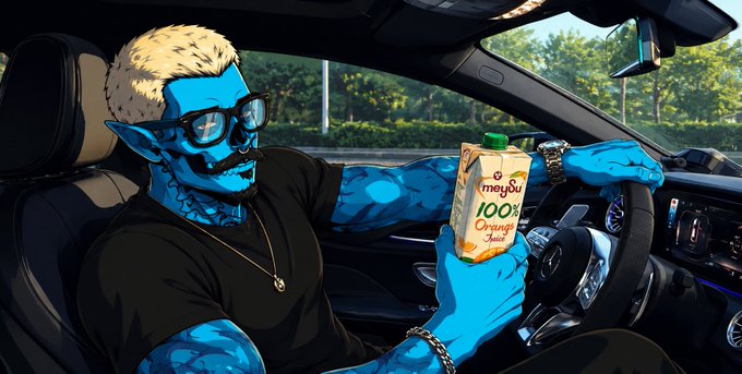 An illustrated blue-skinned, blonde-haired character wearing sunglasses and a black shirt drives a car while holding a carton of "meiji 100% Orange Juice".