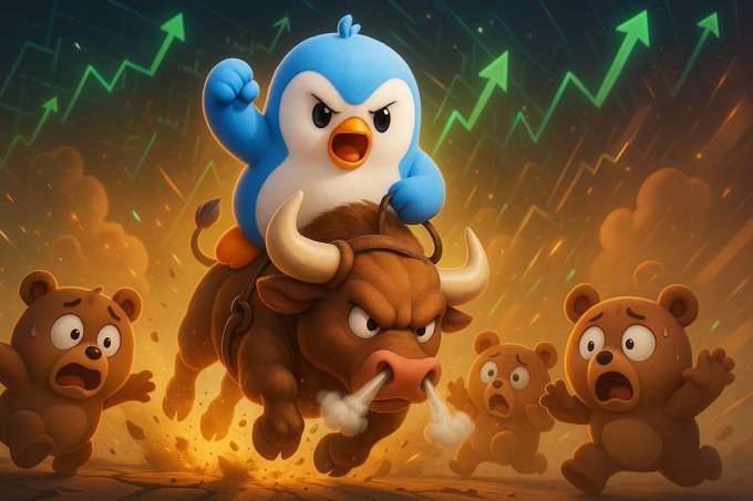 An illustrated scene shows a determined blue penguin with a raised fist riding a fierce, snorting brown bull charging through the ground, with green upward stock charts in the background and frightened bear characters fleeing on either side.