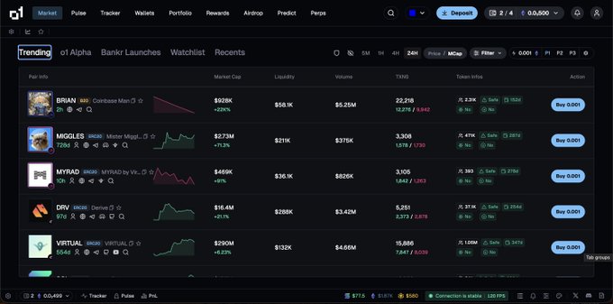 The image displays the o1 exchange interface, showing a trending list of B20 tokens on the Base blockchain, including BRAIN ($628K market cap), MIGGLES ($2.73M), MYRAD ($469K), DRV ($16.4M), and VIRTUAL ($290M), each with "Buy" buttons and tokenomics data, highlighting the platform's focus on trading native B20 tokens as mentioned in the post.