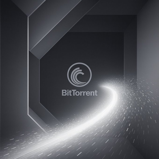 Stylized grey and white graphic of the BitTorrent logo inside a dark tunnel with a flowing light trail.