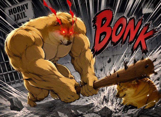 An anime-style illustration of a muscular Shiba Inu with glowing red eyes wielding a spiked club, striking a smaller Shiba Inu with the comic-style text 'BONK' as a 'HORNY JAIL' sign hangs in the background.