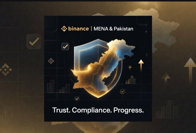 A promotional graphic for Binance MENA & Pakistan featuring a golden shield with a map silhouette, with the tagline "Trust. Compliance. Progress."