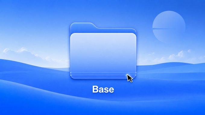 A classic Windows XP desktop wallpaper featuring the iconic blue hills and sky, displaying a single blue folder labeled 'Base' with a cursor hovering over it.