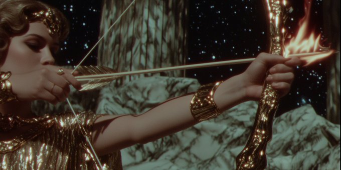 A woman adorned in golden attire draws a flaming arrow from her bow, set against a starry, mountainous backdrop, symbolizing the post's message of optimism through challenges—aiming forward with confidence even as the path ahead may be uncertain.