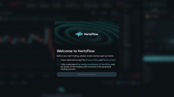 A modal dialog from HertzFlow displays a "Welcome to HertzFlow" message with two agreement checkboxes for Privacy Policy/Terms of Use and trading risk acknowledgment, set against a blurred trading chart background. The image visually introduces the HertzFlow platform, complementing the post's call for traders to engage with the project before the YZI Labs Amplify event deadline on August 10th.