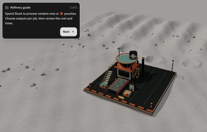 A stylized isometric screenshot shows a "Refinery guide" tutorial (1 of 5) explaining how to "Spend Slush to process random ores or pouches," featuring a compact industrial refinery building with a circular rooftop pool set against a barren, rocky landscape—illustrating the game's polished early visual style that promises significant evolution with continued development.