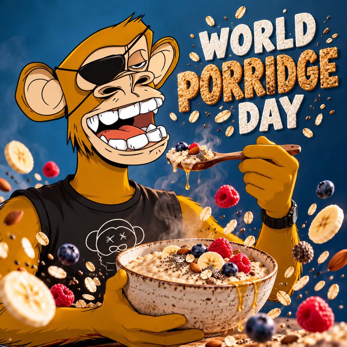 A cartoon illustration of a monkey wearing sunglasses and a black t-shirt enthusiastically eating from a bowl of porridge topped with berries, celebrating 'WORLD PORRIDGE DAY.'