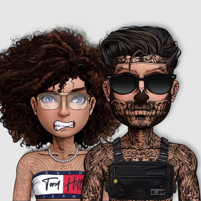 A digital illustration of a couple featuring a woman with curly brown hair, glasses, a Tommy Hilfiger tube top, and a pearl necklace, alongside a heavily tattooed man wearing sunglasses and a chest bag.