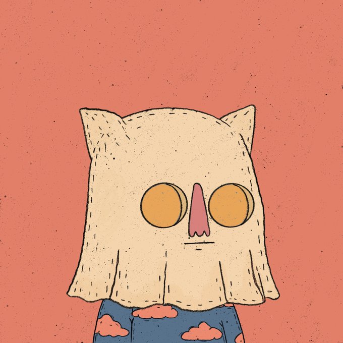 A whimsical illustration of a character wearing a beige, stitched cat-eared hood with large round orange eyes and a small pink nose, set against a speckled coral background.