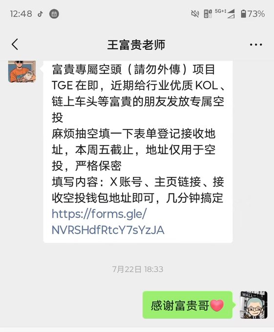 A Chinese social media message from "王富贵老师" invites recipients to participate in a confidential airdrop (TGE) for "富贵专属空投," requesting X account, homepage link, and receiving wallet address via a Google Forms link.