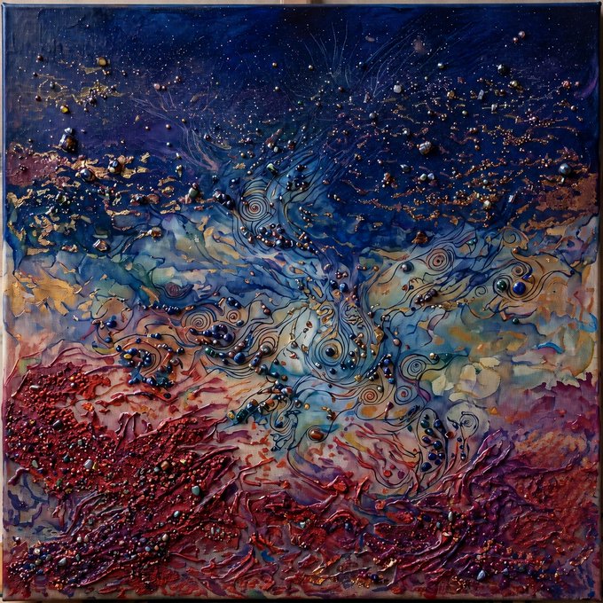 An abstract textured painting featuring swirling blue, red, and gold colors with raised dots and beaded embellishments creating a cosmic, galaxy-like appearance.