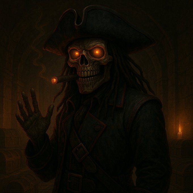 A dark, atmospheric digital artwork of a skeletal pirate with glowing orange eyes, wearing a tricorne hat and smoking a cigar, standing in a candle-lit room with treasure chests.