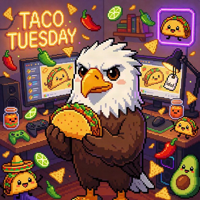 Pixel art illustration of an eagle holding a taco, with 'TACO TUESDAY' text displayed in neon-style lettering.