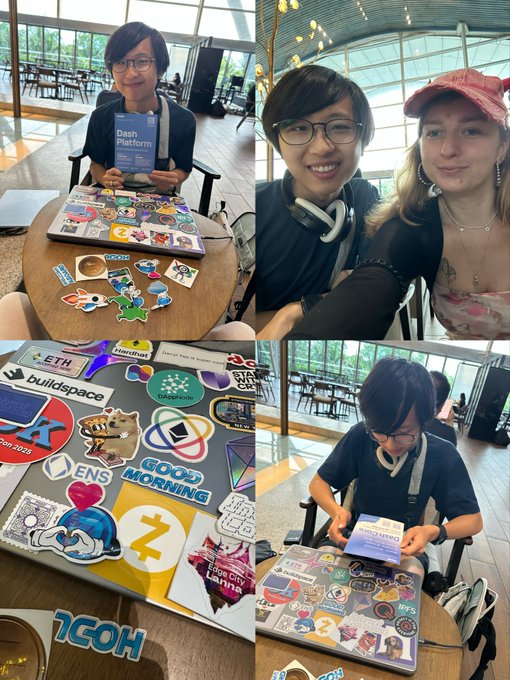 A collage of four photos showing a young man at a convention with a laptop covered in crypto and tech stickers (including ETH, Polygon, ENS, Zcash) posing with a 'Dash Platform' book and taking selfies.