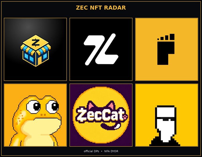 A 'ZEC NFT RADAR' graphic displaying a grid of six NFT logos including a Zcash treasure chest, a white 'Z' logo, a pixelated figure, a frog, 'ZecCat', and a silhouette on yellow backgrounds.