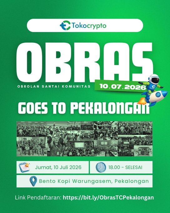 A green promotional poster for Tokocrypto's "OBRAS" (Obrolan Santai Komunitas) community event scheduled for Friday, July 10, 2026, from 18:00 at Bento Kopi Warungasem, Pekalongan, featuring event photos and a registration link at bit.ly/ObrasTCPekalon, aligning with the post inviting locals to a free, open networking and crypto discussion session.