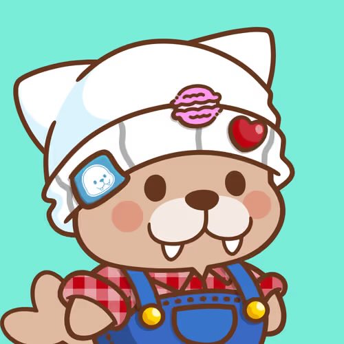 A cute brown beaver character wearing a white cat-ear beanie with a pink macaron pin and blue overalls.