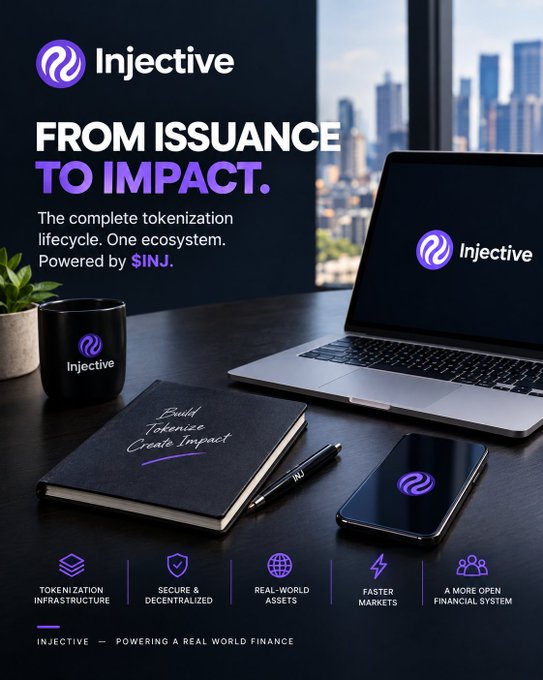 An Injective marketing poster titled 'FROM ISSUANCE TO IMPACT,' showcasing branded merchandise including a notebook reading 'Build, Tokenize, Create Impact,' a mug, a laptop, and a phone, with icons highlighting tokenization infrastructure, security, real-world assets, faster markets, and an open financial system.