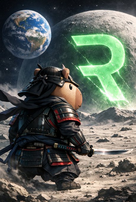 A samurai figure with a cat-like helmet stands on a lunar landscape with Earth and the moon in the background, alongside a glowing green 'R' logo.