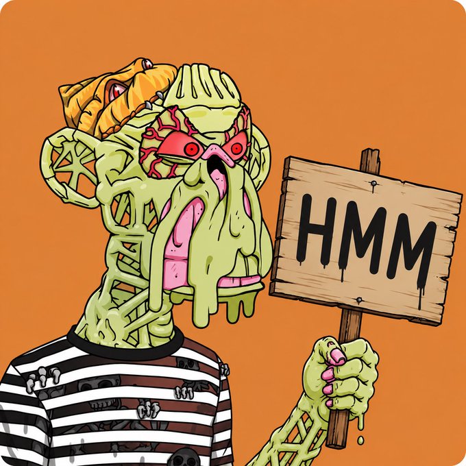 Cartoon illustration of a grotesque green zombie-like character with melting features, wearing a striped shirt, holding a wooden sign that reads 'HMM' against an orange background.