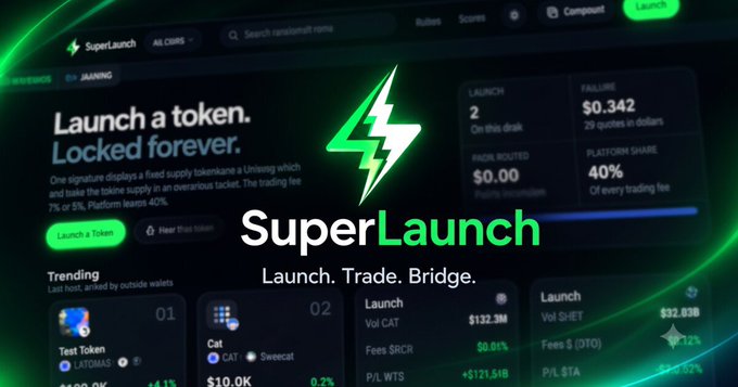 A promotional graphic for 'SuperLaunch' with tagline 'Launch. Trade. Bridge.' featuring a green lightning bolt logo and statistics including LAUNCH 2, FAILURE $0.342, FACIL ROUTED $0.00, and PLATFORM SHARE 40%.
