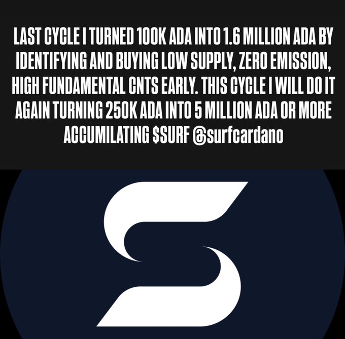 A promotional graphic with white text on a black background claiming to have turned 100K ADA into 1.6 million ADA by buying CNTs early, and aiming to turn 250K ADA into 5 million, accumulating $SURF from @surfcardano.