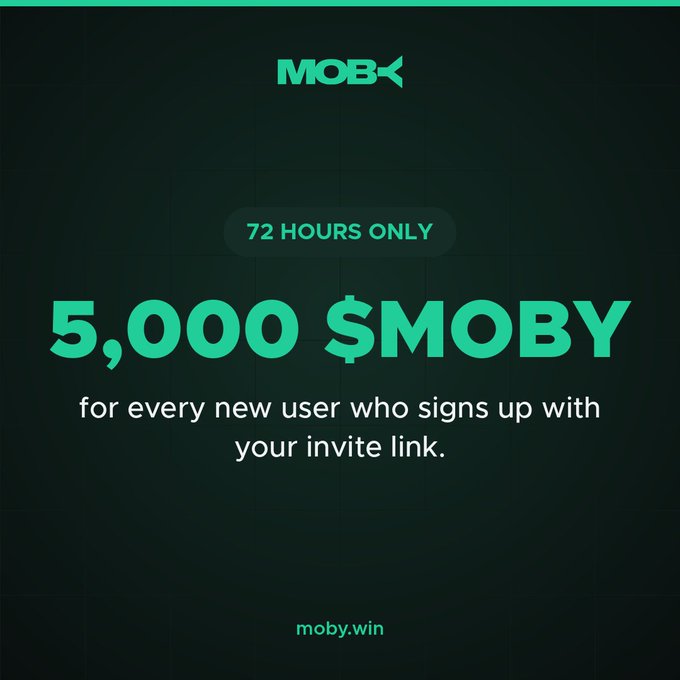 A dark green promotional graphic from MOBY announces a limited 72-hour referral offer, giving 5,000 $MOBY to every new user who signs up through an invite link, with the URL moby.win displayed at the bottom.
