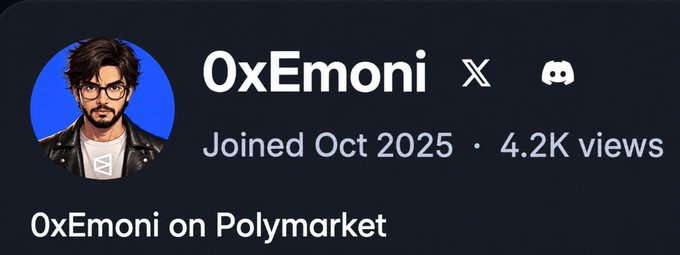 A profile card for '0xEmoni' on Polymarket, showing a cartoon avatar of a man with glasses, noting 'Joined Oct 2025 · 4.2K views'.