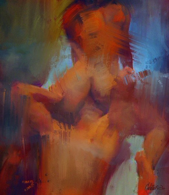 This is a vibrant, abstract oil painting that appears to depict a reclining nude figure with visible brushstrokes and a signature that reads "C. Galler". The post's request to "render this iconic Artwork into reality and make wild" suggests a desire for the AI to create something inspired by or similar to this expressive piece.
