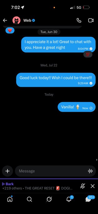 A smartphone screenshot of a direct message conversation on social media, showing messages like 'I appreciate it a lot! Great to chat with you. Have a great night', 'Good luck today!! Wish I could be there!!!', and 'Vanilla!' with a peach emoji.