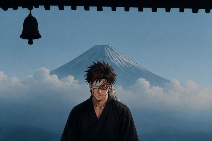 An anime-style samurai with a red headband stands stoically before Mount Fuji under a bell, evoking discipline and resolve—mirroring the post's theme of returning from vacation to grind and "get back in the trenches" with determination.