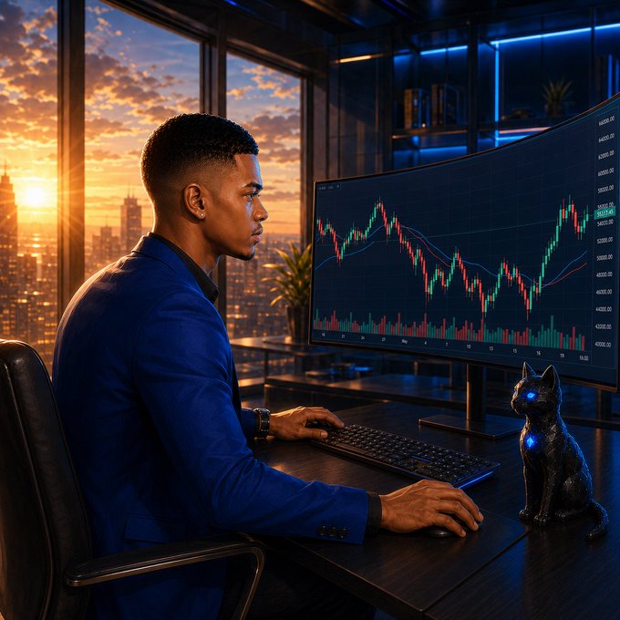 A young man in a blue suit sits at a desk viewing cryptocurrency price charts on a curved monitor, with a black cat beside him and a sunset cityscape visible through the window.