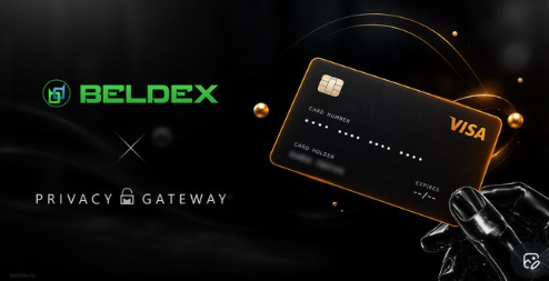 A promotional graphic for 'BELDEX' displaying a gold VISA card alongside the text 'PRIVACY GATEWAY' on a dark background.