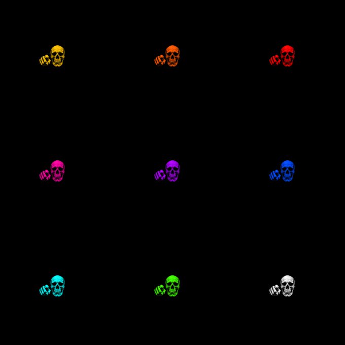 A 3x3 grid of pixel art skull icons with pointing hands on a black background, displayed in various colors including yellow, orange, red, magenta, purple, blue, cyan, green, and white.
