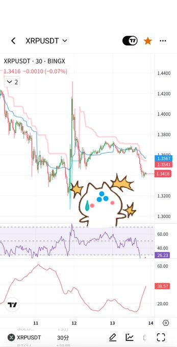 A TradingView chart of **XRP/USDT (30-min, Binance)** showing a price of **1.3416 (-0.07%)**, with a cute cat sticker overlaid, illustrating the post's observation of XRP's recent pullback near $1.34 after a volatile ride, despite 9 consecutive weeks of XRP ETF inflows.