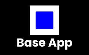 The image features a logo for an app called "Base App". The logo consists of a square with a blue border, which is the main element of the design. The text "BASE APP" is written below the logo, indicating that this is the name of the app being promoted.
