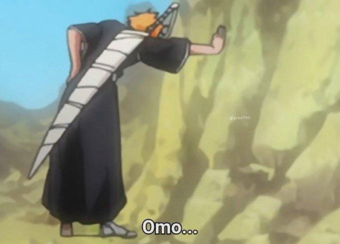 An anime character in a black robe with a sword on their back stands facing a large rock face, with the text "Omo..." at the bottom.