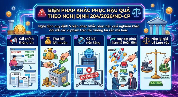 A Vietnamese-language infographic titled 'BIỆN PHÁP KHẮC PHỤC HẬU QUẢ THEO NGHỊ ĐỊNH 284/2026/NĐ-CP' detailing 5 remedies for violations in the crypto asset market: adjusting information, recovering profits, disconnecting platforms, halting illegal activities, and confiscating property value.