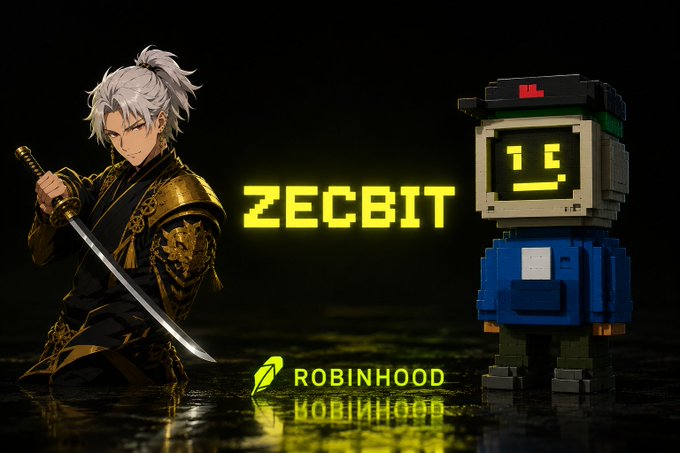 A graphic featuring the word 'ZECBIT' alongside a samurai character with a sword and a robotic figure, with the Robinhood logo displayed below.