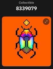 A digital collectible labeled 'Collectible 8339079' showing a pixel-art rainbow-colored beetle insect on an orange background.