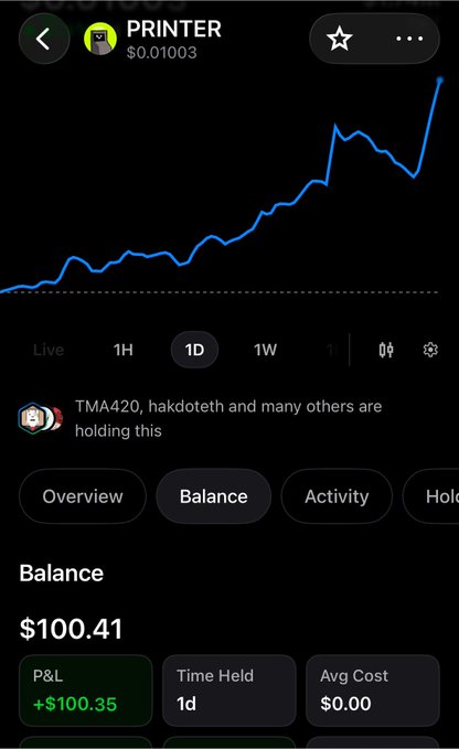 A cryptocurrency tracking app displaying the 'PRINTER' token at $0.01003, showing a rising 1D price chart, a balance of $100.41, and a P&L of +$100.35.